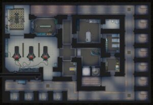 A map of the secret laboratory. The map shows a complex with an access corridor surrounding the complex on the north, east and southern sides (the corridor only connects rooms in the complex. On the eastern edge of the map is a set of seven small recovery rooms. On the western side of the map is an operating room and a set of three beds used for monitoring patients before and after their operation. The southern side holds bathrooms. The remainder of the base (in the centre) holds the reception room and some storage areas