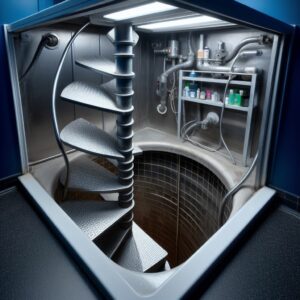 A shower cubicle with a hidden spiral staircase in the floor. The floor is missing showing the spiral staircase which leads down.