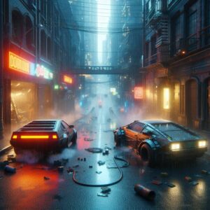 View down a street showing a car with smoking engine on the right hand side of the street and debris on the road.