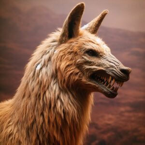 A picture of a Tensher's wolf. This shaggy creature has a vicious looking bite with a hint of a llama's neck. The ears are prominent