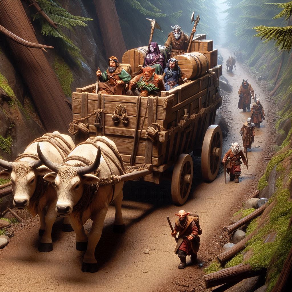 A cart of provisions pulled by a two oxen yoked together. The cart is on a dirt trail through a wooden ravine. The cart is driven by an aasimar and is accompanied by two humans, a dwarf, a halfling and a gnome all walking along side the cart. In addition a drow elf on foot is scouting ahead of the cart