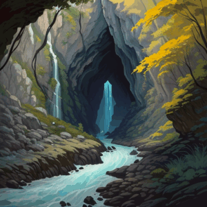 A small cave entrance with a small stream leading from it