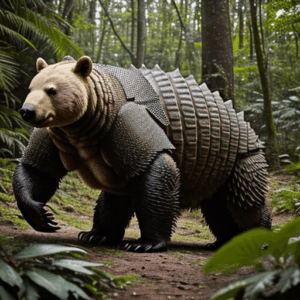 An armoured two ton bear on a path in a forest