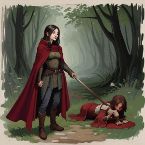 A female halfing rogue examing a body on the path.