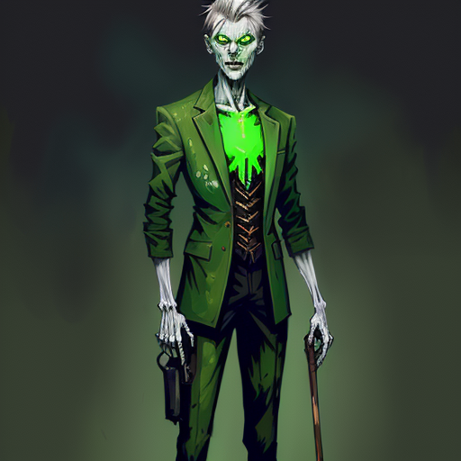 A smartly dressed zombie with a green glowing chest