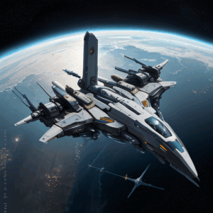 A seriously overweaponed streamlined fighter in orbit over Flammarion. It would appear that the designer is seriously worried about this vehicle being chased.