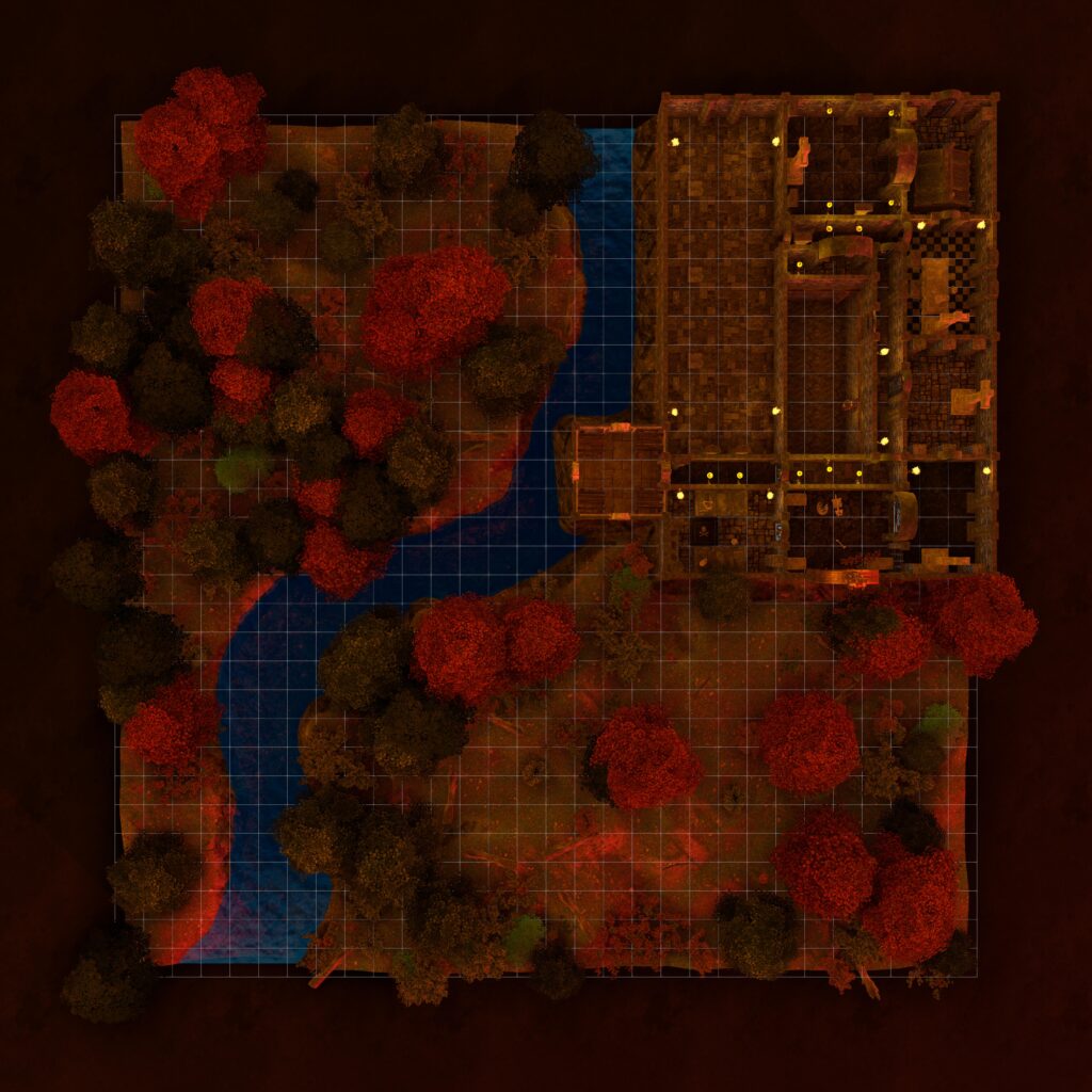 A map of the signal site. The party started in an open space at the bottom of the map. The map has a river running north to south. A building both looking modern and ancient is at the top right of the map. The rest of the map is covered in trees. The overall look is dark red due to the perpetual twilight of this location