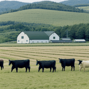 Cows in the foreground with farm buildings in the middle distance and rolling hills in the background