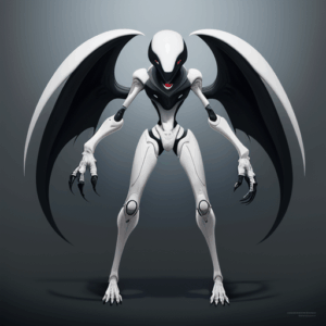 A winged creature mainly in white but with black bat-like wings. Its eyes and mouth are red. The creature looks smooth, even mechanical rather than organic