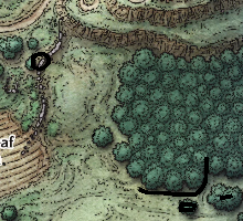 Excerpt of the Phandalin Map showing a path marked around the southernmost part of the woods to the east of alderleaf farm