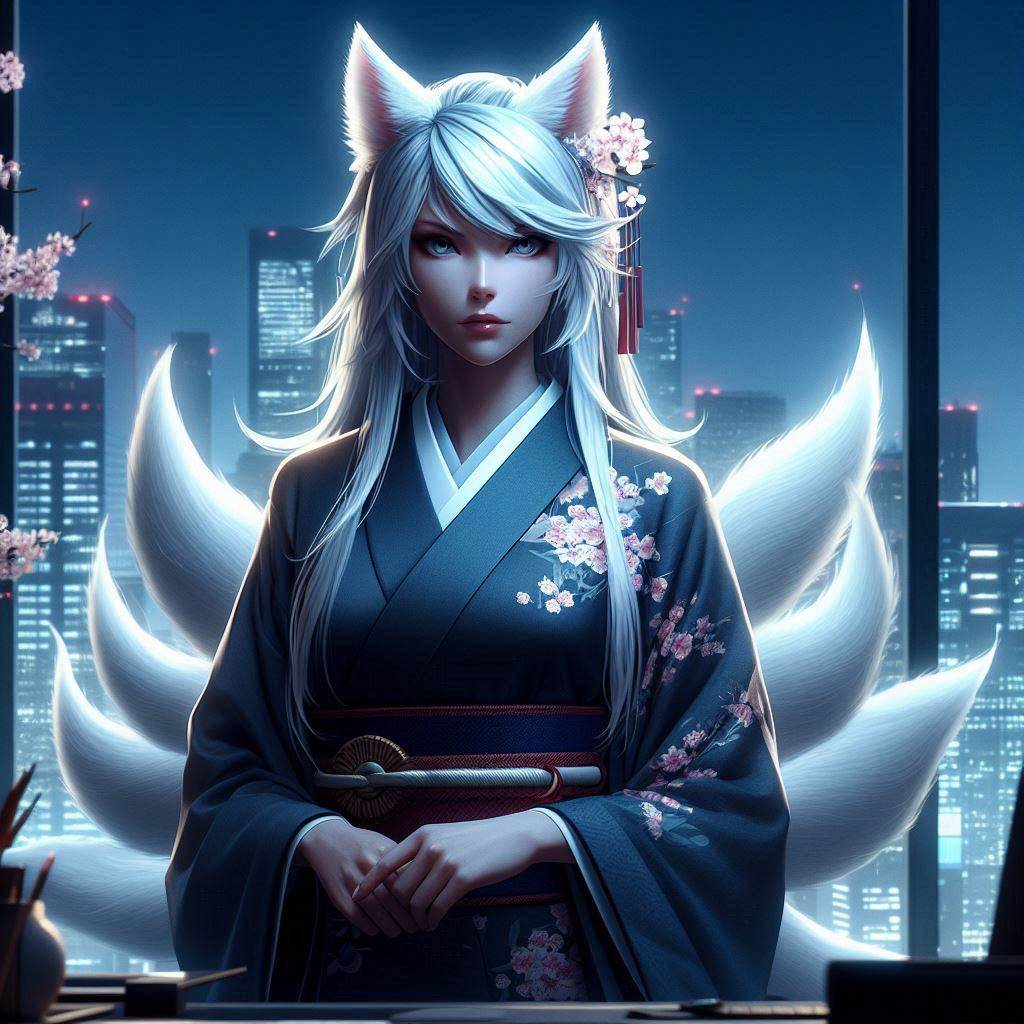 Kitsune showing her form as the nine-tailed fox of asian mythology