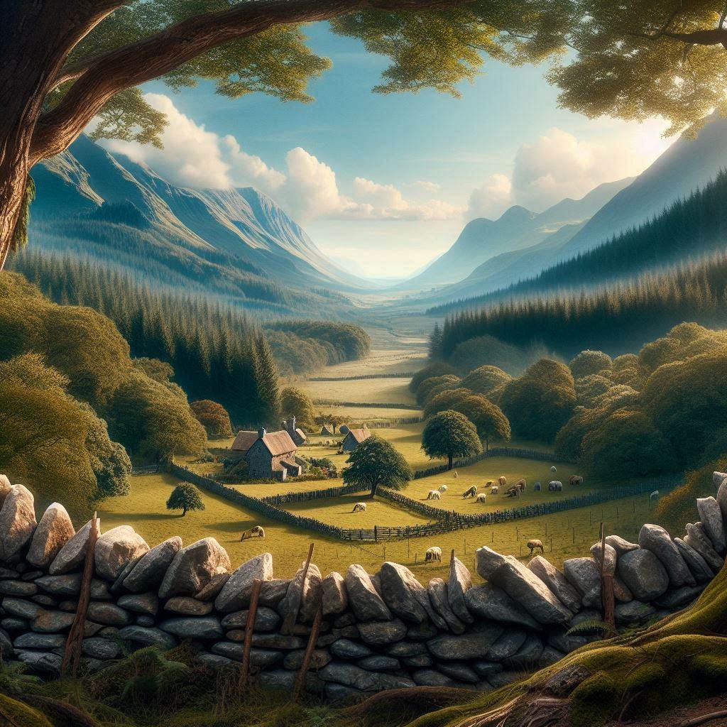 A view of a farm in a valley over a stone wall. There are woods on the slopes of the valley.