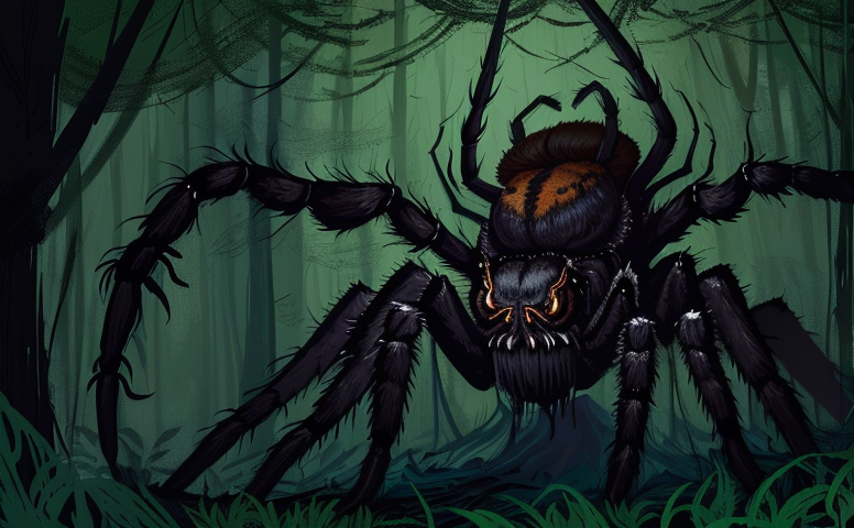 A giant spider dimly seen in a dark forest