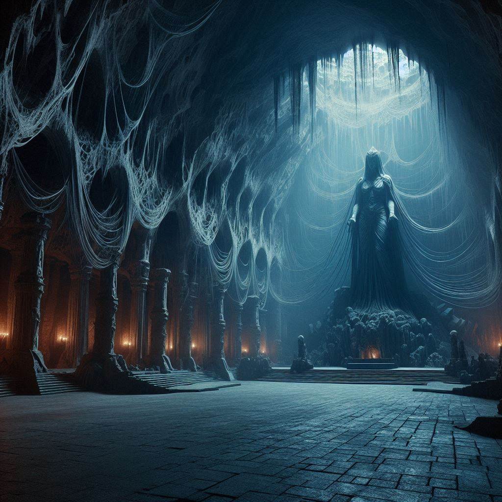 A cobweb covered cavern with a statue at the far end. The statue is carved out of a rocky base made up of hundreds of small children, each raising the arms towards the statue, although there are no facial features it seems they are begging for attention. The statue itself is in the female form hands lowered towards the children, hands open wide as if ready to grasp. There are a row of pillars either side of the statue and candles line the walls. In front of the statue and its base is a low altar with a single candle