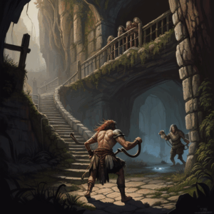 Two figures fighting at the bottom of a flight stairs