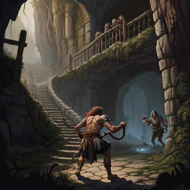 Two figures fighting at the bottom of a flight stairs