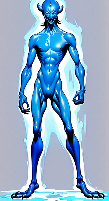 A blue bipefdal creature wreathed in some kind of white light. The creature has claws and a crazy grin