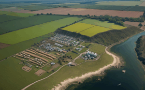 A clean view of an agricultural town from a few thousand feet above. A wide river is flowing from the top of the image to the bottom of the right hand side of the image while the town is surrounding by farm fields.