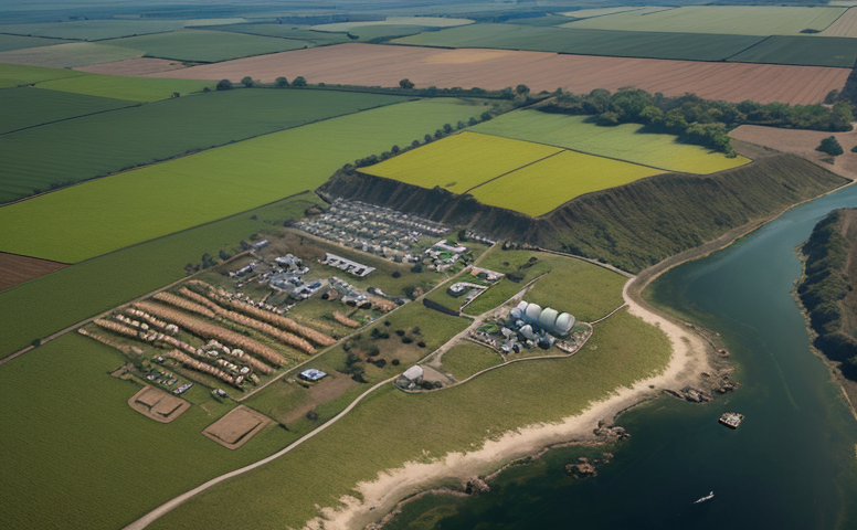 A clean view of an agricultural town from a few thousand feet above. A wide river is flowing from the top of the image to the bottom of the right hand side of the image while the town is surrounding by farm fields.