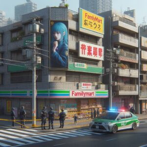 A view of a small supermarket surrounded by a police cordon. The supermarket is on the corner of a T junction and has three floors of apartments above.