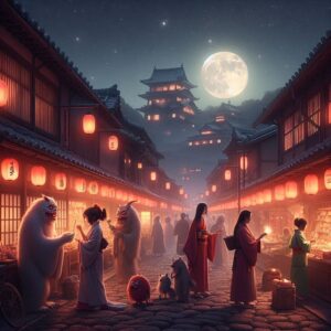 A cobbled japanese street scene at night. There is a small japanese style castle in the distance behind which is a full moon. Many people, both human and non-human are in the street buying things from the many street vendors lining the road.
