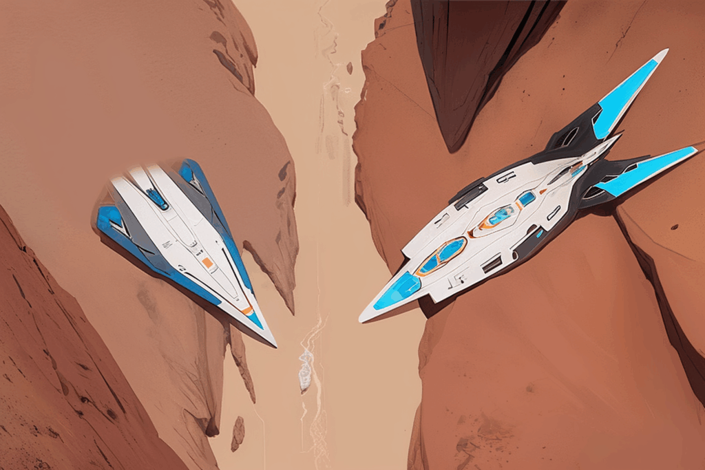 Two ships on a mars like surface. The ships are separated by a shallow canyon and overlooked by a large dark brown cliffside. The left hand ship looks like a standard type S scout ship. The right hand ship is larger and two decks in height.