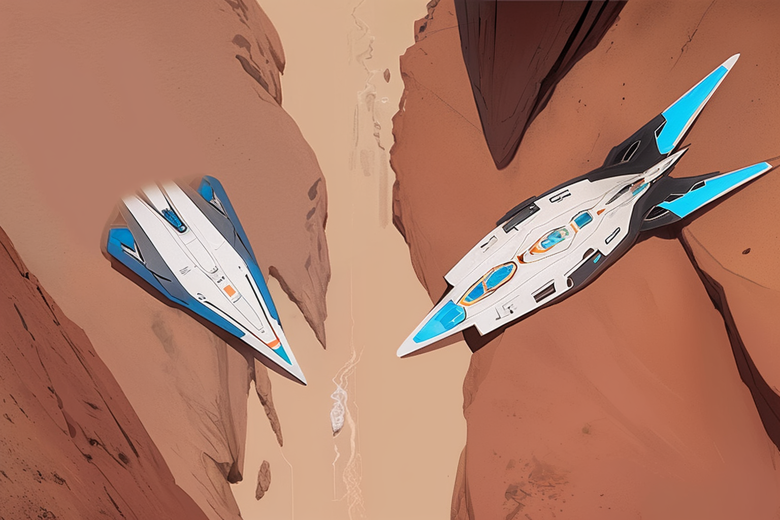 Two ships on a mars like surface. The ships are separated by a shallow canyon and overlooked by a large dark brown cliffside. The left hand ship looks like a standard type S scout ship. The right hand ship is larger and two decks in height.