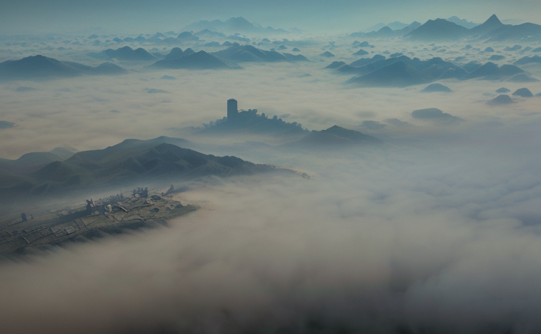 A smoggy view from several thousand feet. Through the smog we can see a town on the left hand side and in the centre is a hill also visible through the smog. A tower or grain silo is visible on the hill. Other hills are poking through the smog in the distance.