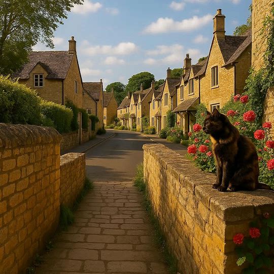 A narrow alleyway leading onto a road in a cotswold village. A cat is sitting on the right hand wall of the alleyway. It is sunny and pleasant