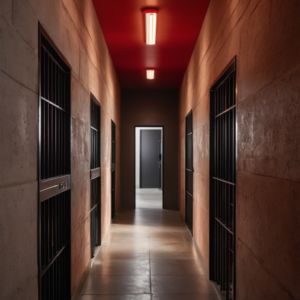 A corridor with a door at the end and cells on either side of the corridor. Inside the cells are tombs.