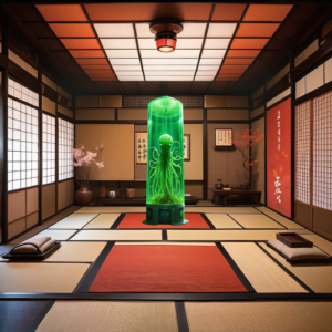 A room decorated as an ancient Japanese practice room. There are Tatami mats on the floor and a large translucent green cylinder at the far end of the room. There is something tentacled inside the cylinder