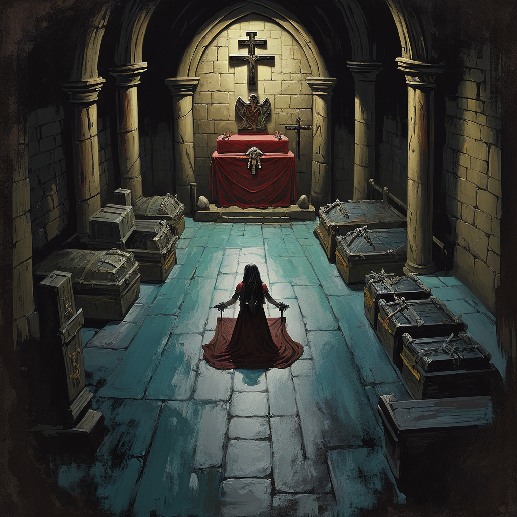 A small room with an altar at the back and coffins lining the walls