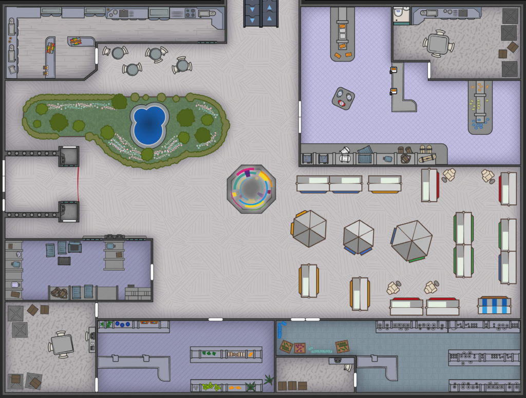 A view of the Iderati Transit Tube Lobby. The transit tube connects to the lobby on the left while the rest of the highport concourse is accessed via a moving walkway at the top of the map. In the top left section of the map is a selection of small shops, cafés and the like. At top right are more shops catering to new arrivals. Along the bottom of the map are yet more shops while between the shops at the bottom and the arrival shops is a collection of market stalls. Next to the entrance to the transit tube is an ornamental garden.