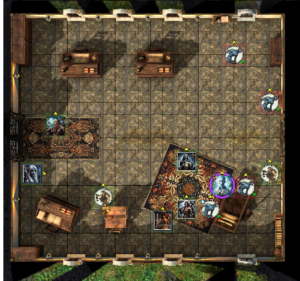 The inside of an office with three work desks, one smaller desk and a more impressive desk at the far side of the office from a pair of double doors. There is a door to the east. Most of the party is gathered at the large desk (Tharbin and Silanne at by the double doors). There are two human guards but Harbin and the remaining three guards have just been revealed as Doppelgangers!