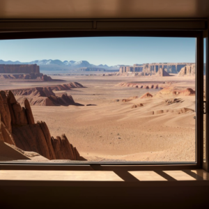 A view of a martian landscape seen through a picture window