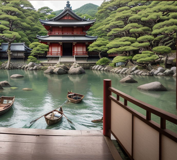 A jetty showing three small rowing boats and japanese style wooden buildings across a small lake