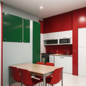 A corner of a kitchen/dining area. The room is clean and tidy with an oven, microwave and sink along one wall. There is a red, green and white colour scheme