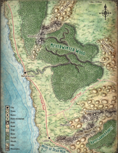 A map of the area around Neverwinter. Neverwinter lies on the coast with the sea to the west. To the east of Neverwinter is a river that flows from the Neverwinter woods (beyond which are the starmetal hills. To the northeast is a mountain range topped by Mount Hotenow. To the southeast are the Sword Mountains. Phandalin lies at the foothills of the this mountain range