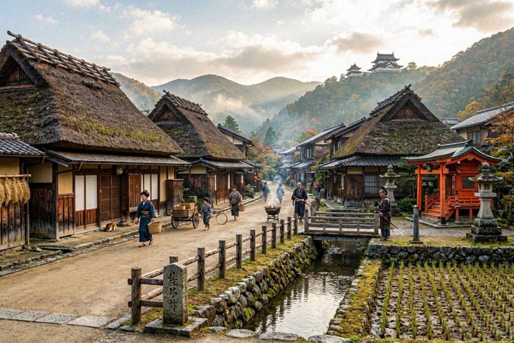 A village scene. The village is clearly a rural Japanese village from the 1500's. The scene shows a dirt track leading off into the distance. On the left hand of the track are wooden buildings. Immediately to the right of the track is a small stream. In the foreground a small bridge crosses the stream and leads to a small temple. In the distance hills rise above the village. A small fortification can be seen on top of the hills to the left of the track,