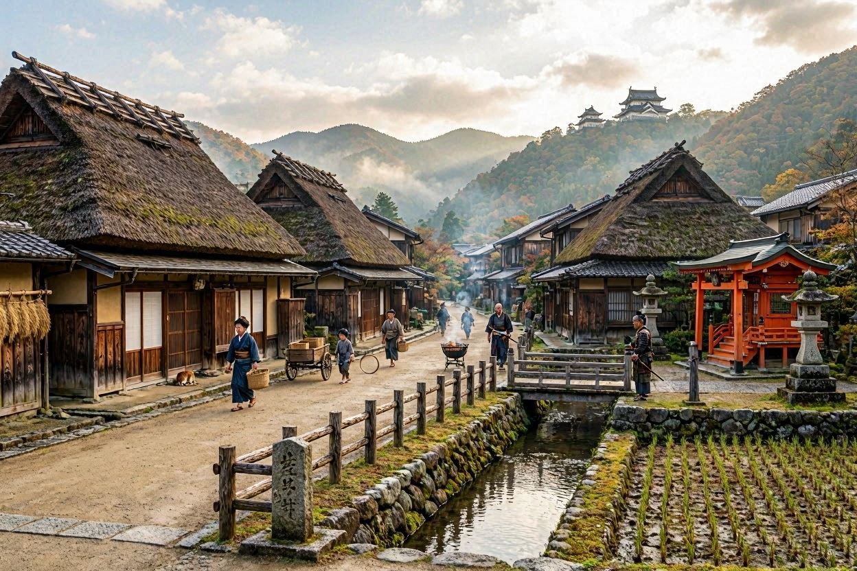 A village scene. The village is clearly a rural Japanese village from the 1500's. The scene shows a dirt track leading off into the distance. On the left hand of the track are wooden buildings. Immediately to the right of the track is a small stream. In the foreground a small bridge crosses the stream and leads to a small temple. In the distance hills rise above the village. A small fortification can be seen on top of the hills to the left of the track,