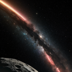 View of a distant asteroid belt with a larger asteroid in the foreground