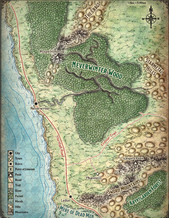 A map of the area around Neverwinter showing the coast north and south of the city and the lands to the east.