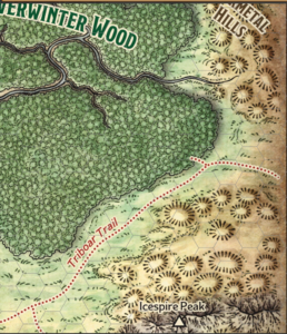A map of the Triboar trail. The map shows Neverwinter Wood to the north of the trail, a range of hills and then mountains (including Icespire Peak) to the south of the trail and another range of hills called the Starmetal Hills to the east of Neverwinter Wood