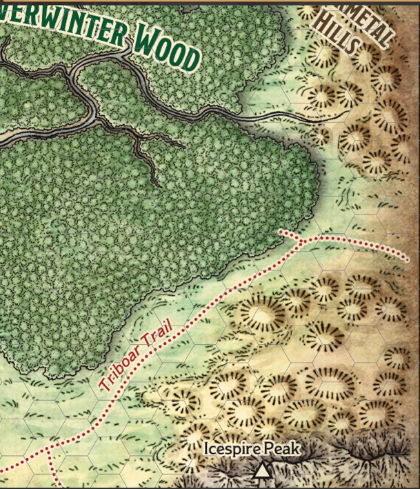 A map of the Triboar trail. The map shows Neverwinter Wood to the north of the trail, a range of hills and then mountains (including Icespire Peak) to the south of the trail and another range of hills called the Starmetal Hills to the east of Neverwinter Wood