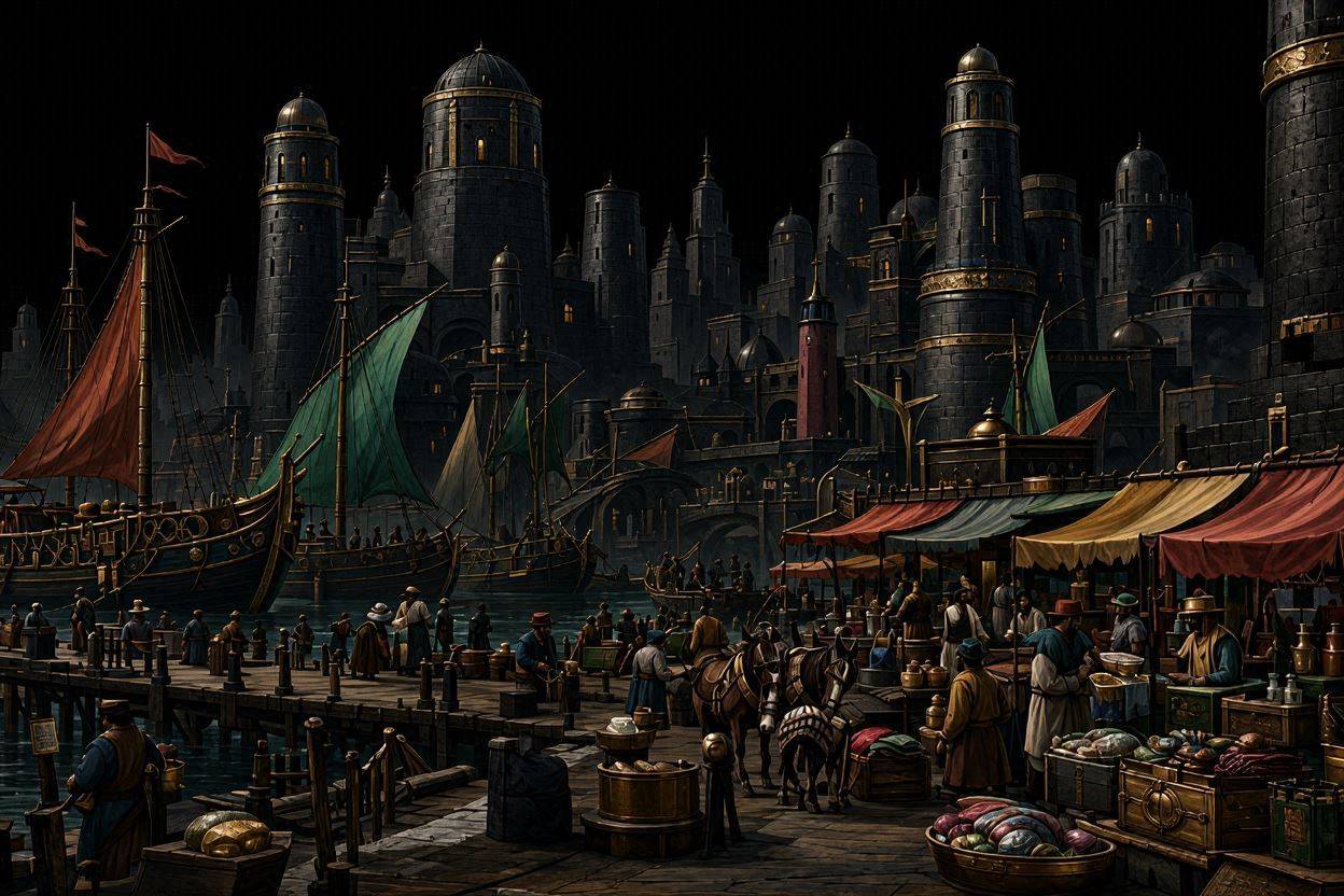 A busy medieval market scene. The market is being held right next to a set of docks (which are on the left hand of the image). Several sailing ships can be seen in the water. In the background is a city with many round towers made of black stone and with bronze trim delineating the levels of the tower. All manner of produce is being sold at the many market stalls. The sky is jet black with no stars. The scene is lit from the left.