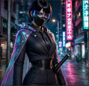 A woman dressed in black with obvious body armour under her clothing. She has a Katana in a scabbard by her side. It is night-time in a modern looking street scene