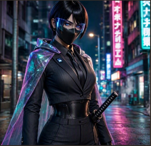 A woman dressed in black with obvious body armour under her clothing. She has a Katana in a scabbard by her side. It is night-time in a modern looking street scene